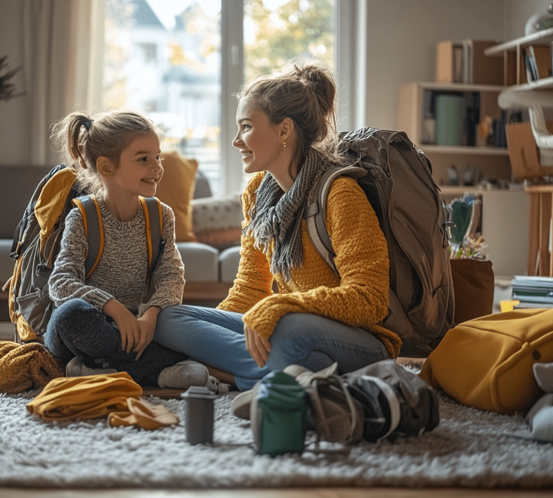 Mother and daughter packing travel backpacks at home, smiling and preparing for a family trip.
