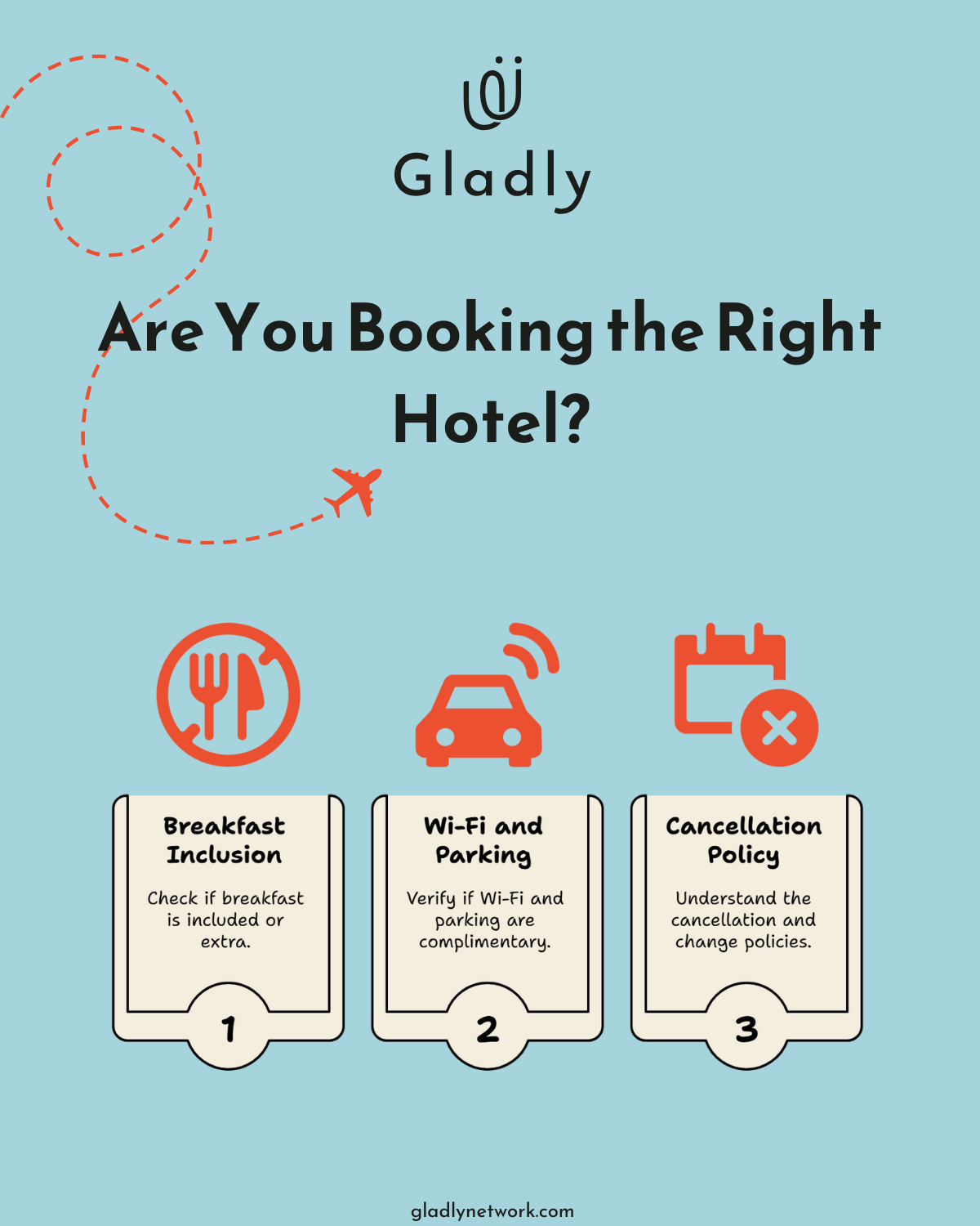 Infographic showing hotel booking tips with breakfast, Wi-Fi, and cancellation info.