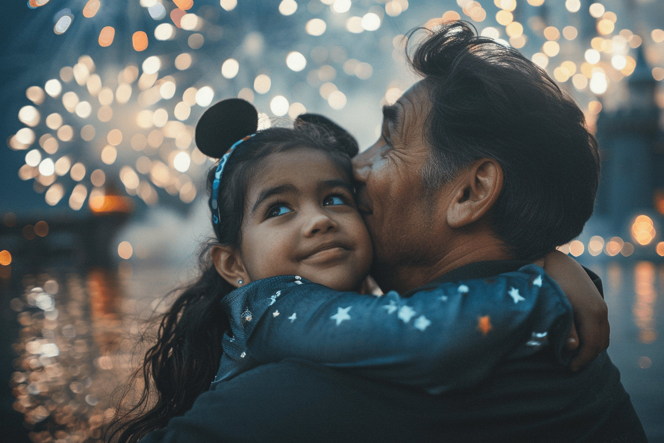 Father hugs his young daughter in front of a lake as fireworks light up the night sky at Disney; she wears Mickey ears and smiles softly, bathed in warm glow.