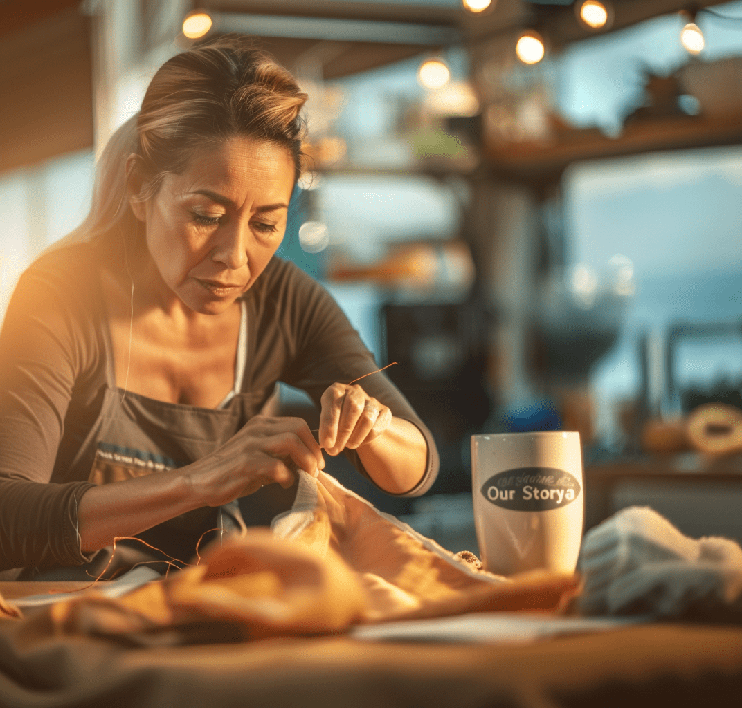 Woman sewing by hand in a cozy, sunlit workspace, symbolizing built-in impact and everyday dedication from brands that give back. A coffee mug reading "Our Storya" sits nearby, emphasizing personal craft and purpose-driven work.