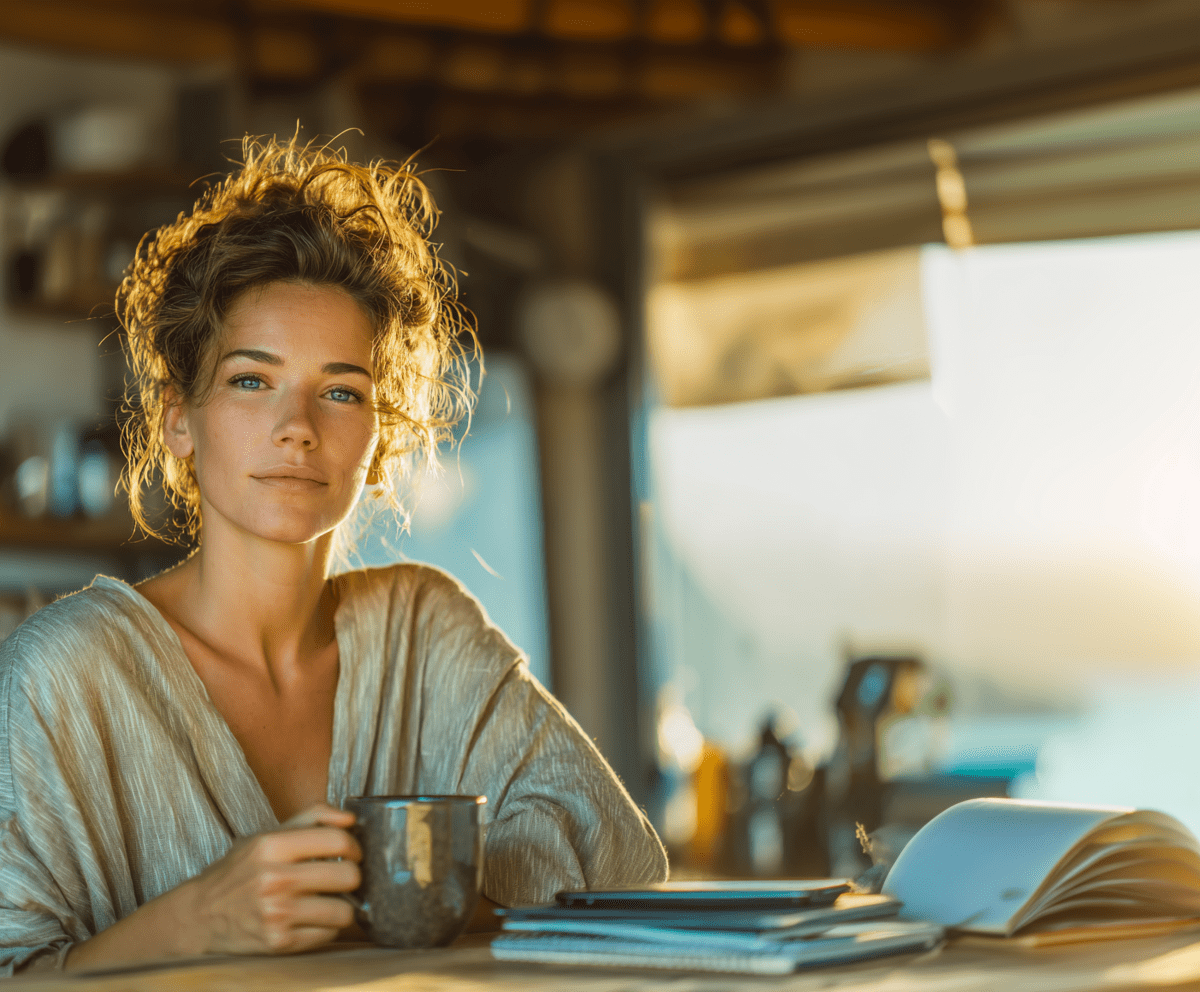 Woman with open eyes in soft morning light, holding a mug—an intimate moment of conscious living.