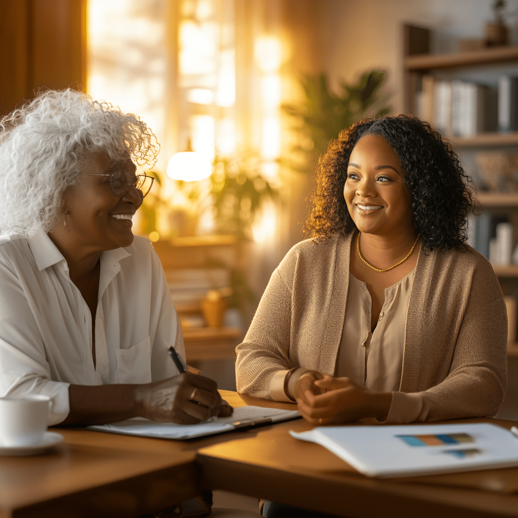 Two Black women share a warm, empathetic moment in a sunlit office, visually embodying the essence of Soft Power Leadership.