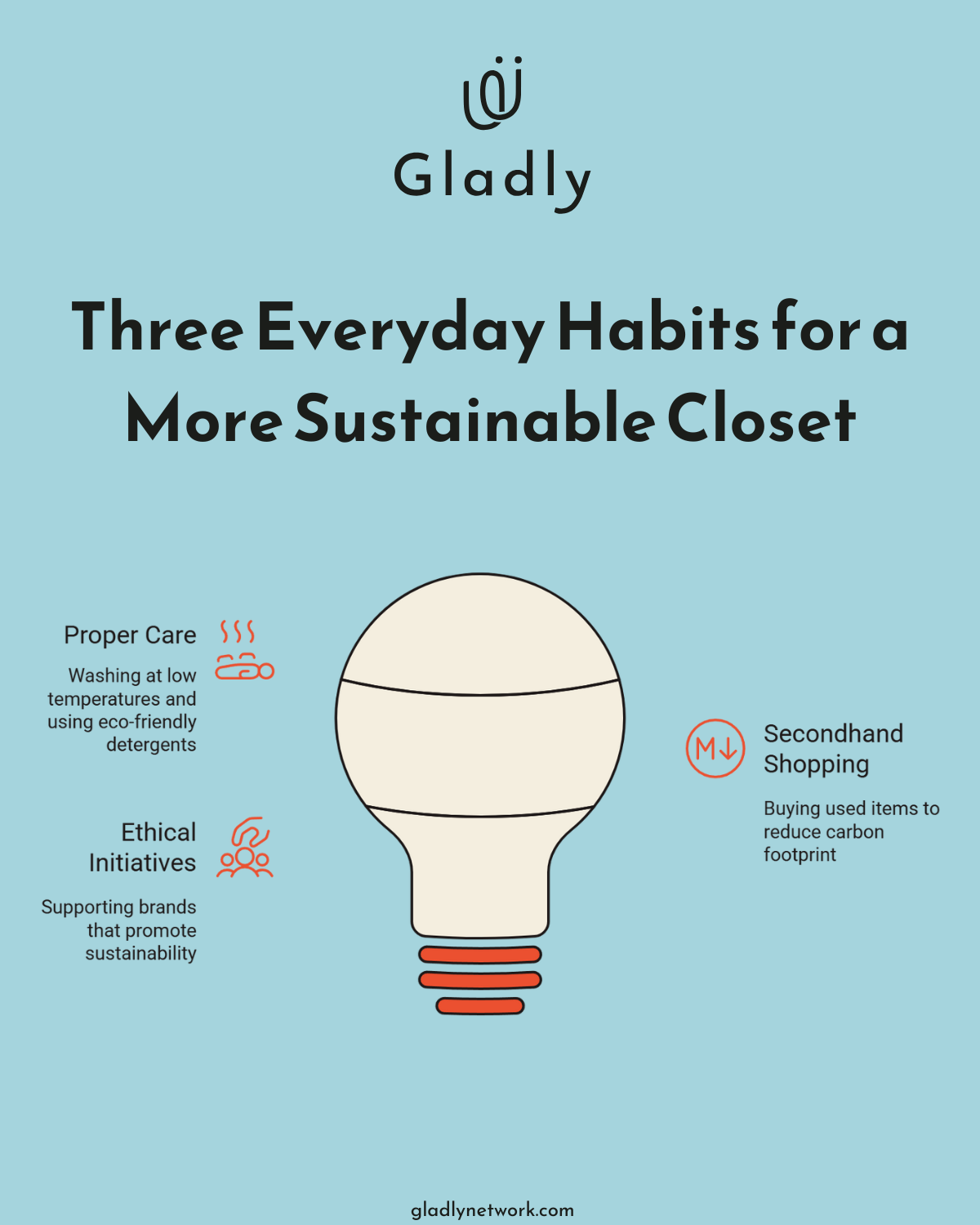 Illustration of a lightbulb labeled “Sustainable Fashion Practices” with three tips: wash clothes at low temperatures with eco-friendly detergent; buy secondhand to reduce carbon footprint; support ethical brands that promote sustainability. 