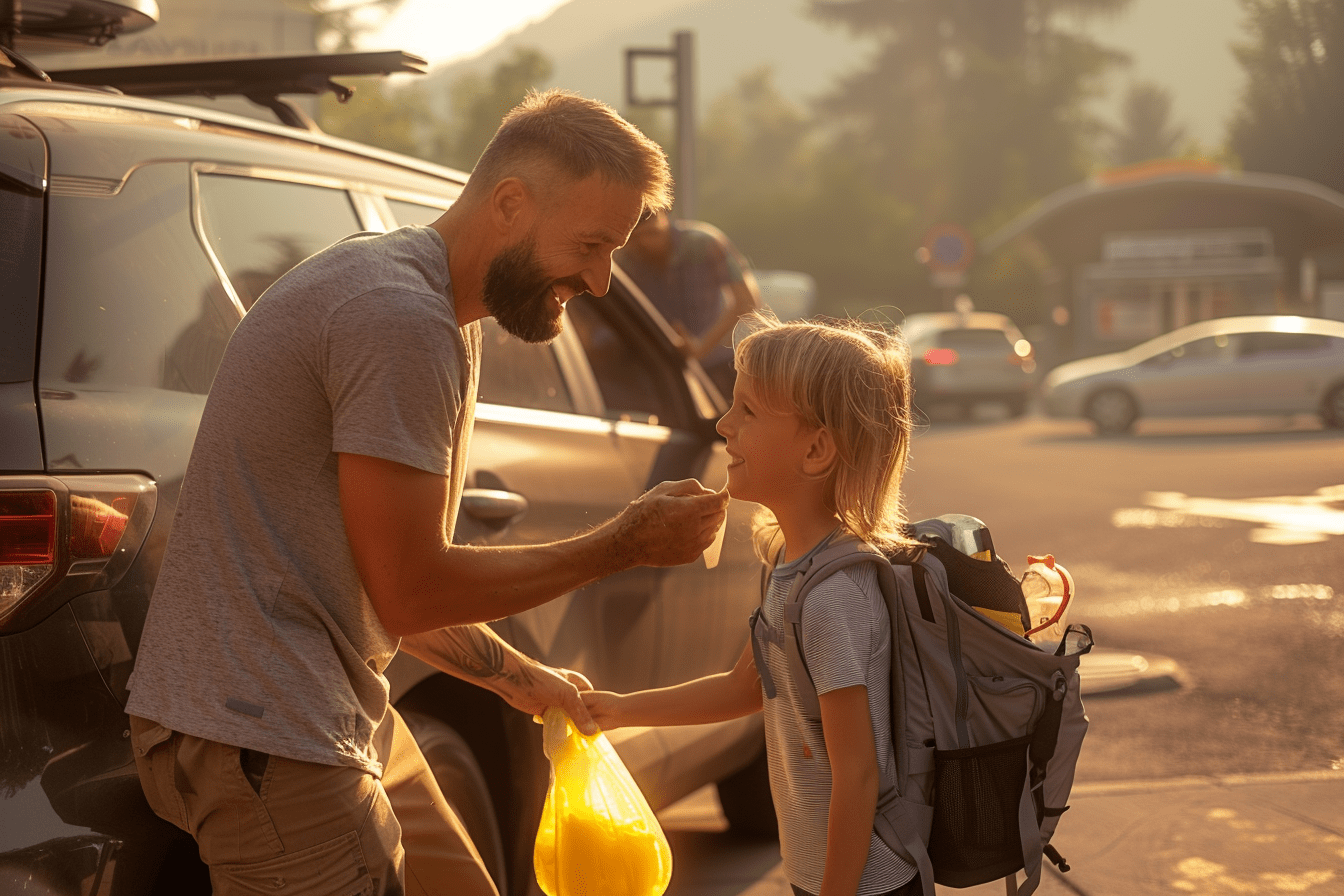 Latino dad wipes his son's hands during a family road trip, with travel essentials visible in the backpack and SUV in the background.
