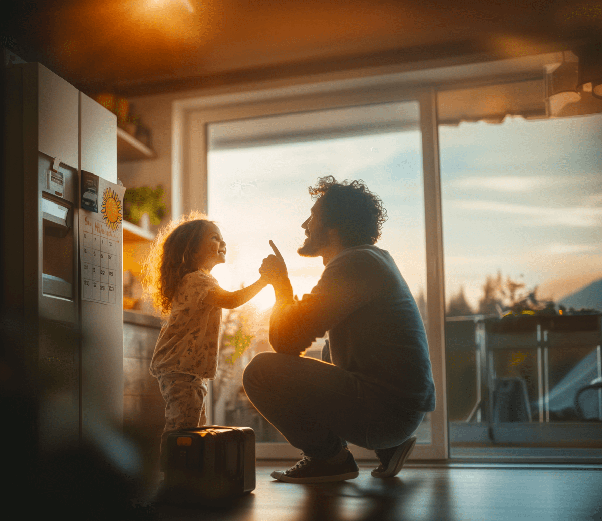 Father and daughter packing for family vacation at sunrise, smiling and bonding in kitchen—represents stress-free family travel planning and budget-friendly trip preparation.
