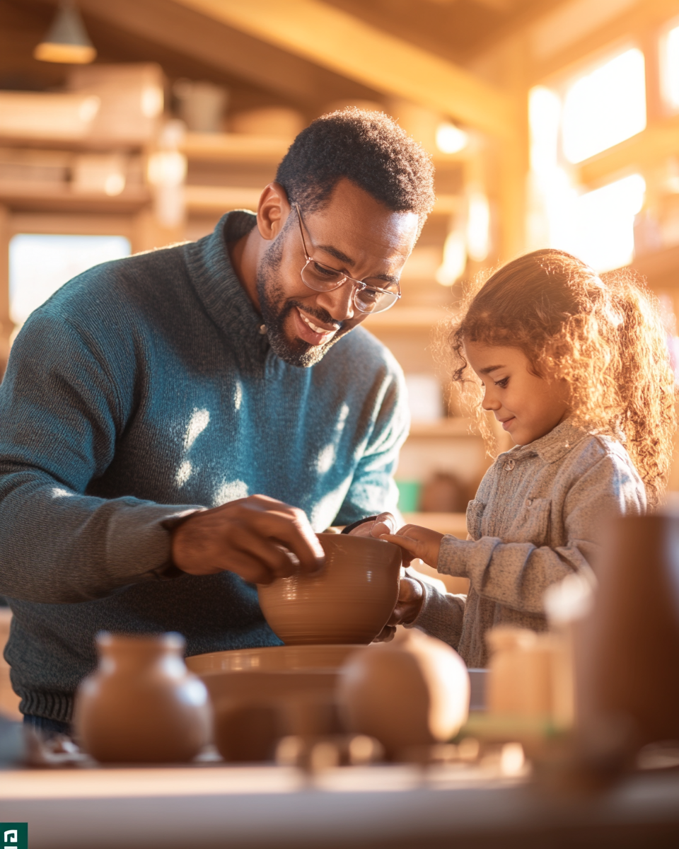Father and daughter enjoying a pottery workshop together during a family trip, creating hands-on memories through affordable local activities.