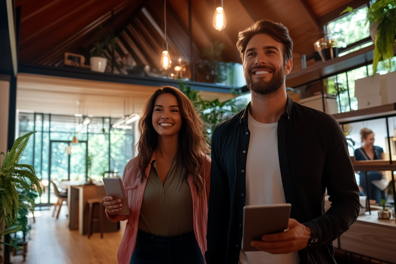 Two smiling professionals walking through a modern, sunlit office space, holding digital tablets, symbolizing positivity, collaboration, and workplace growth.