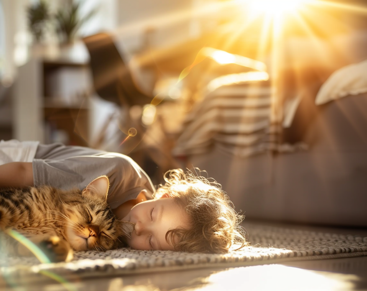 Child and cat safely relaxing on carpet, showing the comfort of healthy home carpet cleaning.