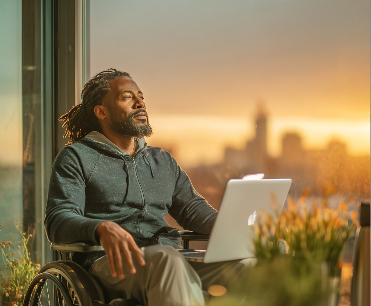 Black male professional in a wheelchair, wearing a dark hoodie and grey pants, seated at a desk with a laptop in a sunlit office, city skyline in the background, representing must-have employee benefits and perks for retention.