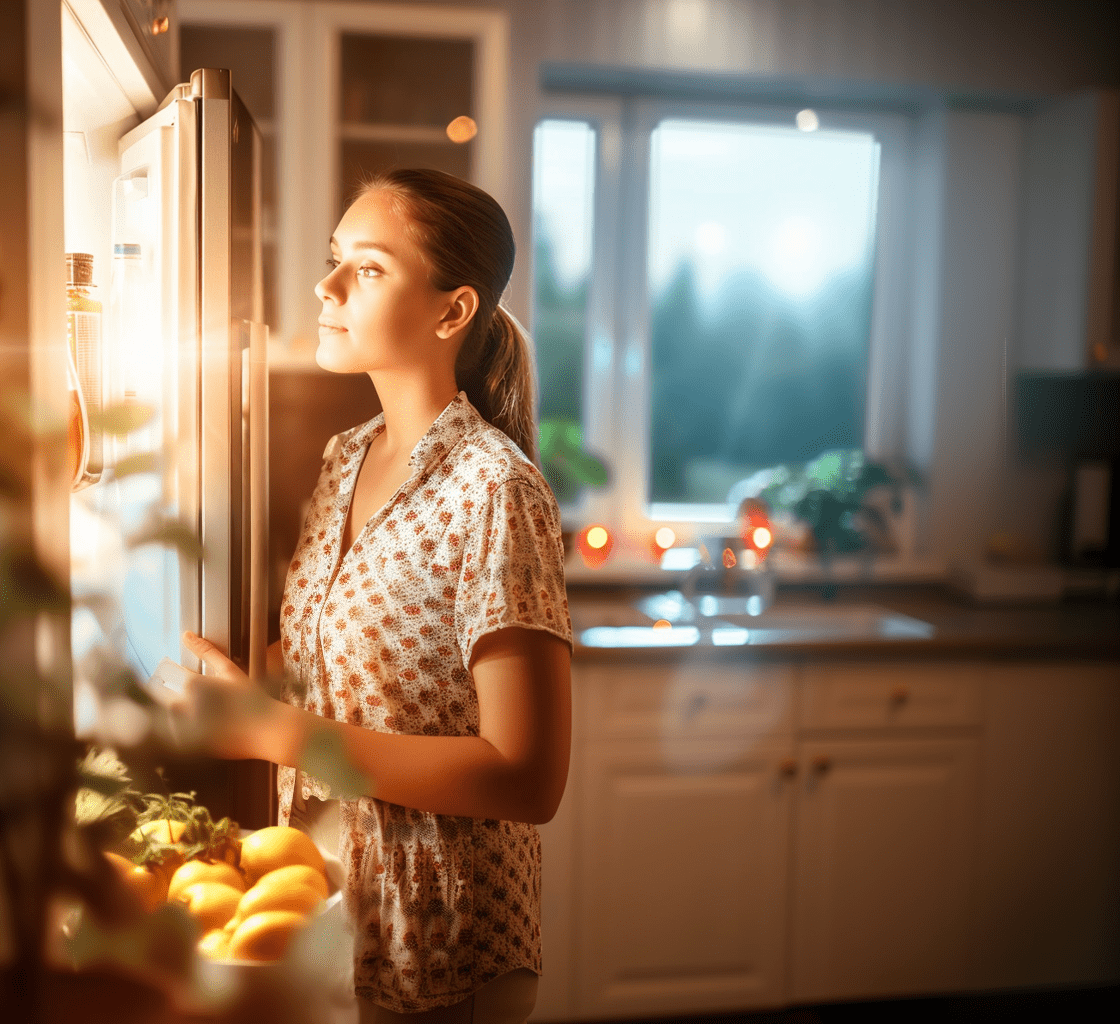 Young woman standing in front of an open refrigerator at dusk, gazing inside with a thoughtful expression, soft fridge light illuminating her face as warm kitchen light glows behind her—capturing a quiet moment of decision tied to emotional eating and sustainable health.