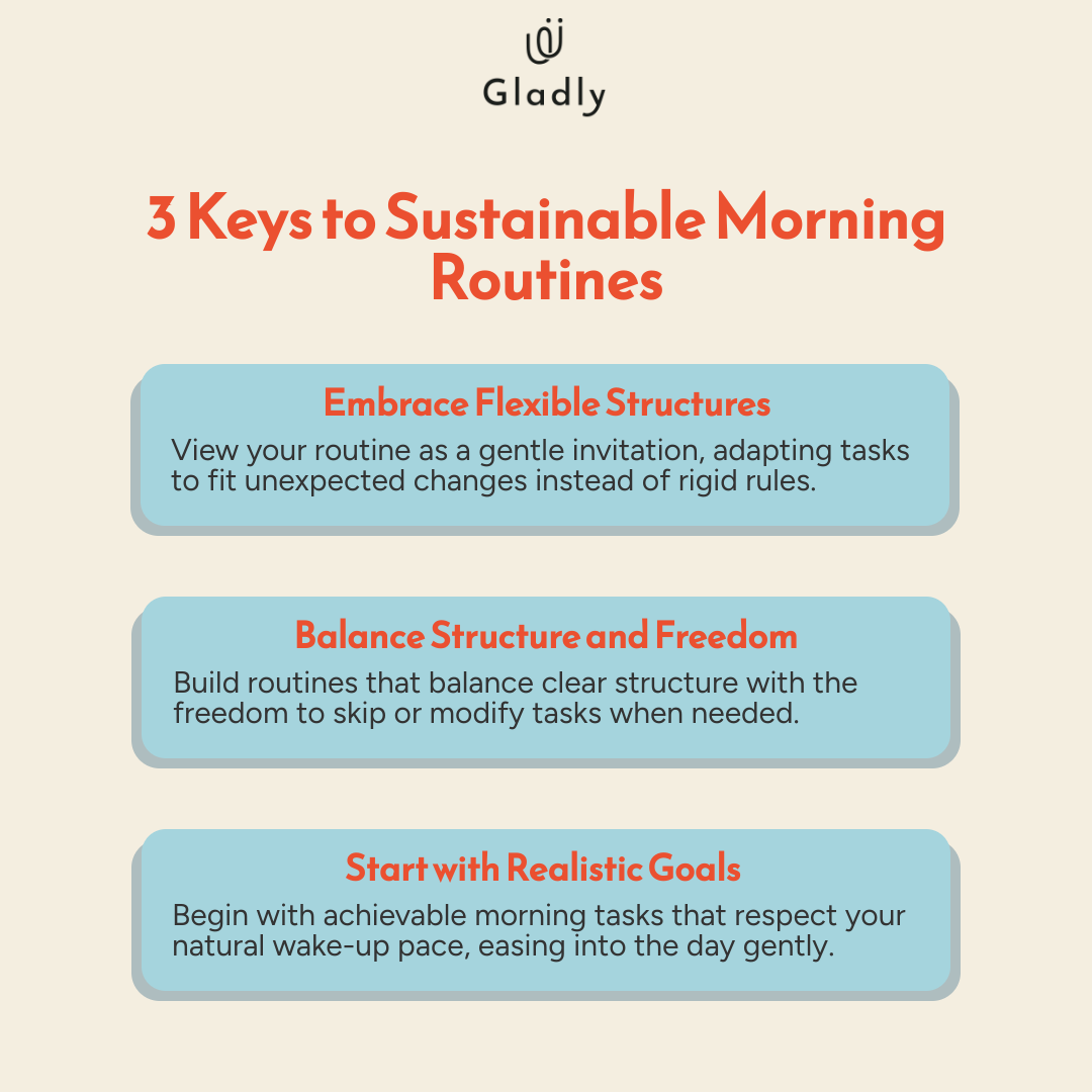 Infographic showcasing three essential strategies for sustainable morning routines: embracing flexible structures, balancing structure and freedom, and starting with realistic goals, set against brand colors #a5d4dd and #f4eee0 with bold accent highlights.