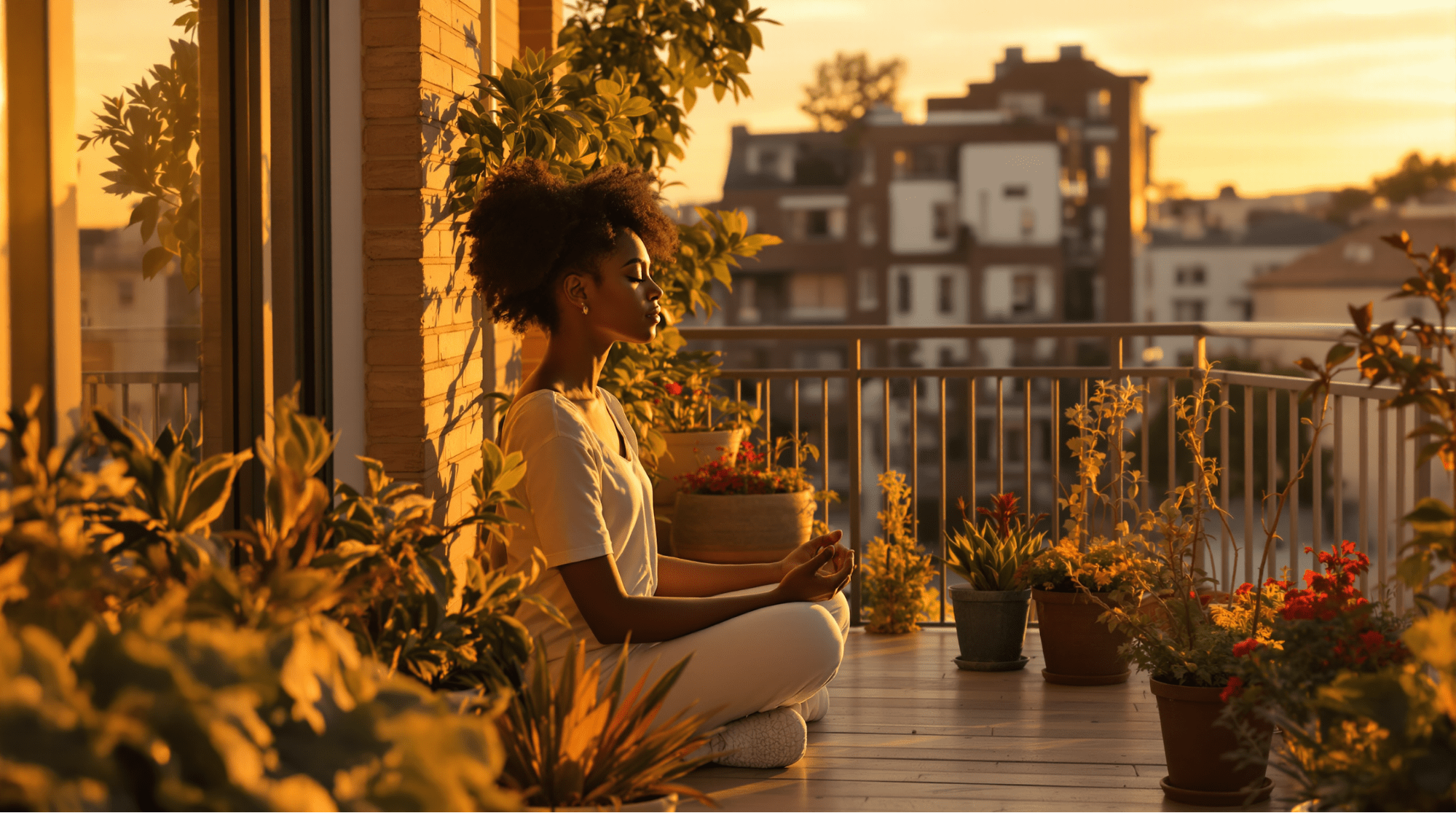 Woman practicing mindful morning routine meditation at sunrise on balcony