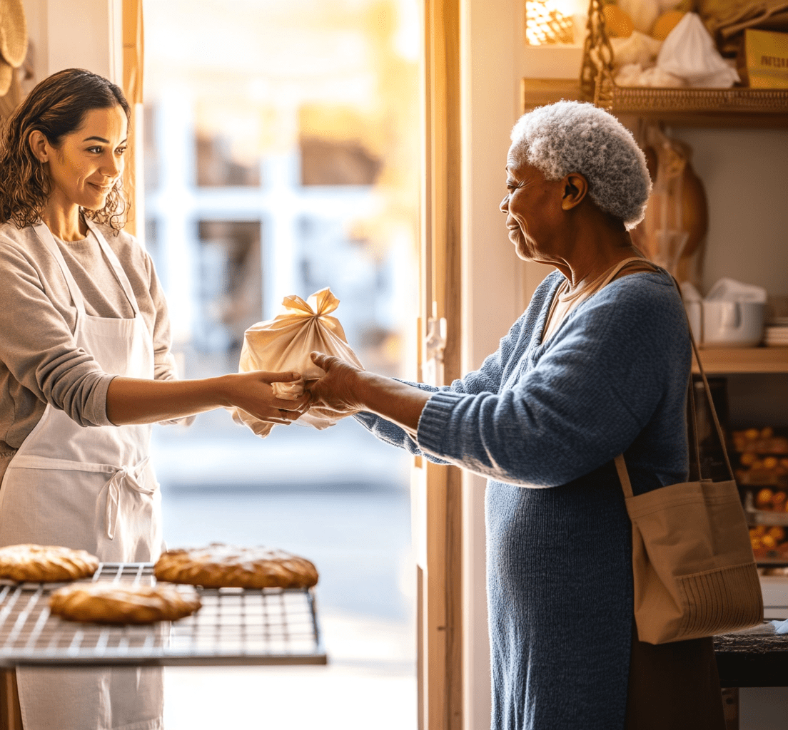 Brilliance under pressure: a baker hands a wrapped pastry to an older neighbor at the bakery doorway.