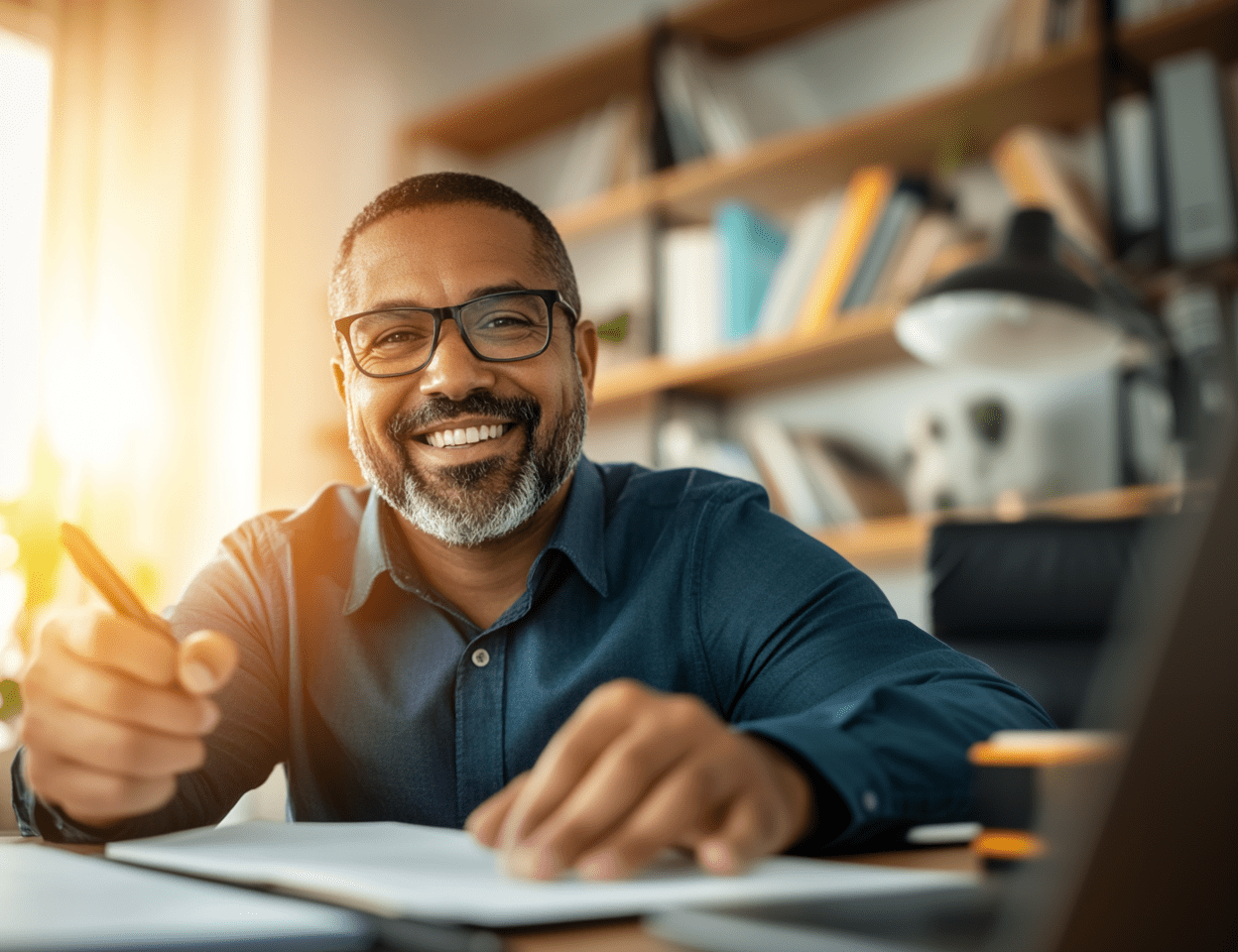 Man smiling confidently while writing, overcoming avoidance through action