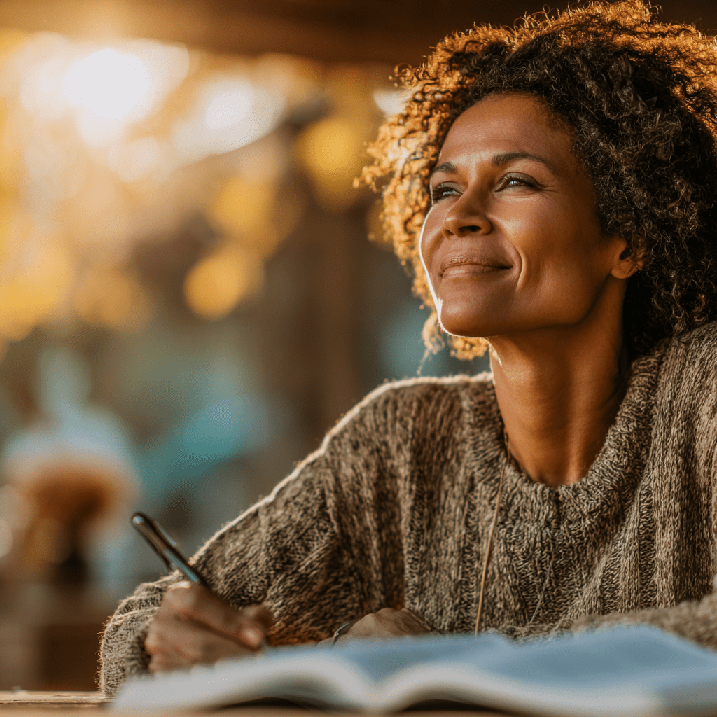 A smiling woman reads outdoors in the sunlight, representing mindful living through SELF-focus and faith-centered wellness.