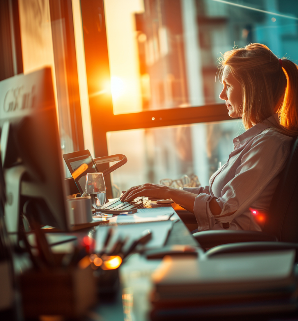 Woman practicing mindful selling at her desk during sunset