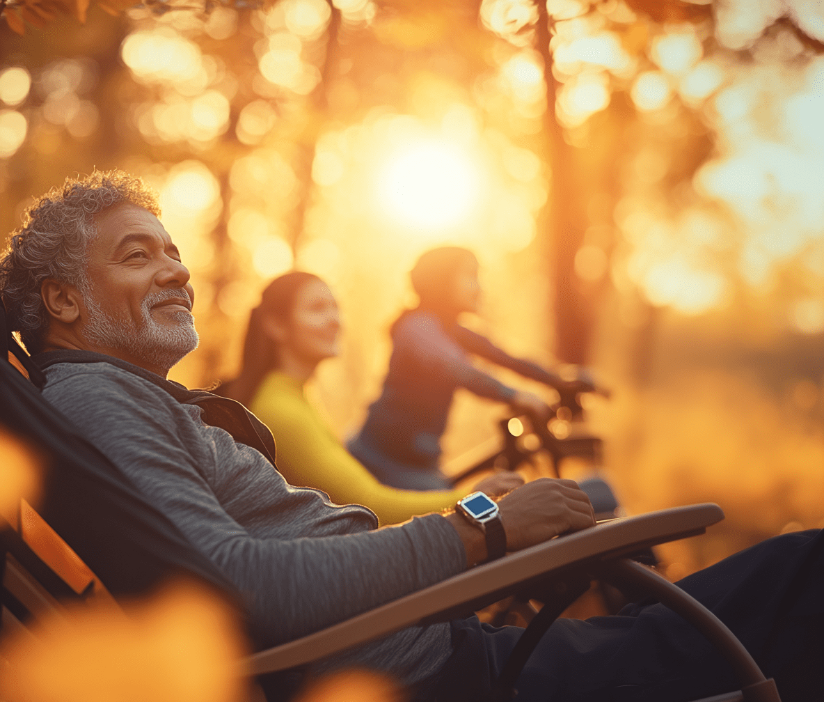 Man relaxing outdoors with family in warm sunset light, symbolizing balanced lifestyle supported by safe technology for kids.