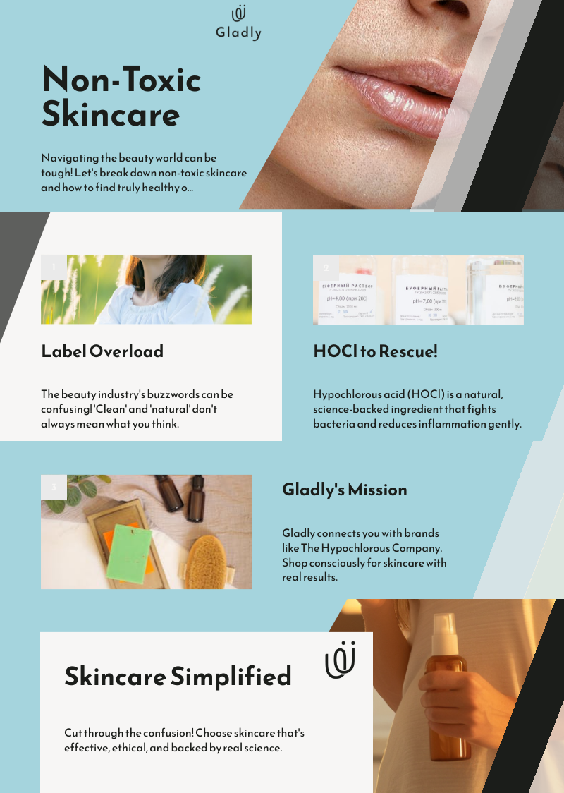 Gladly visual on non-toxic skincare, HOCl benefits, and ethical shopping.
