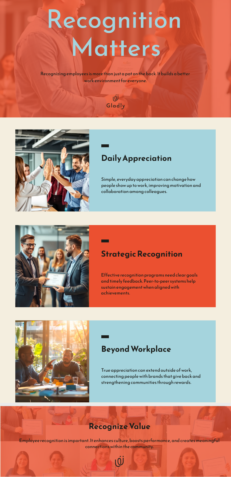Visual guide showing positive reinforcement in the workplace through daily appreciation, strategic recognition, and community impact.