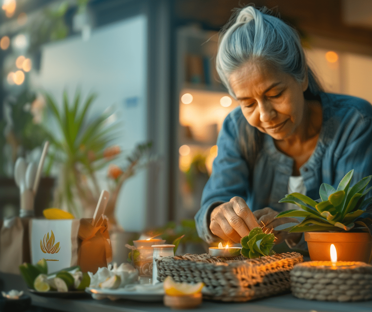 Healing Plates_ 5 Recipes That Feed More Than Your Body-cv-min Silver-haired woman lighting candles beside a simple meal in a warm kitchen, symbolizing faith-based wellness and mindful nourishment.