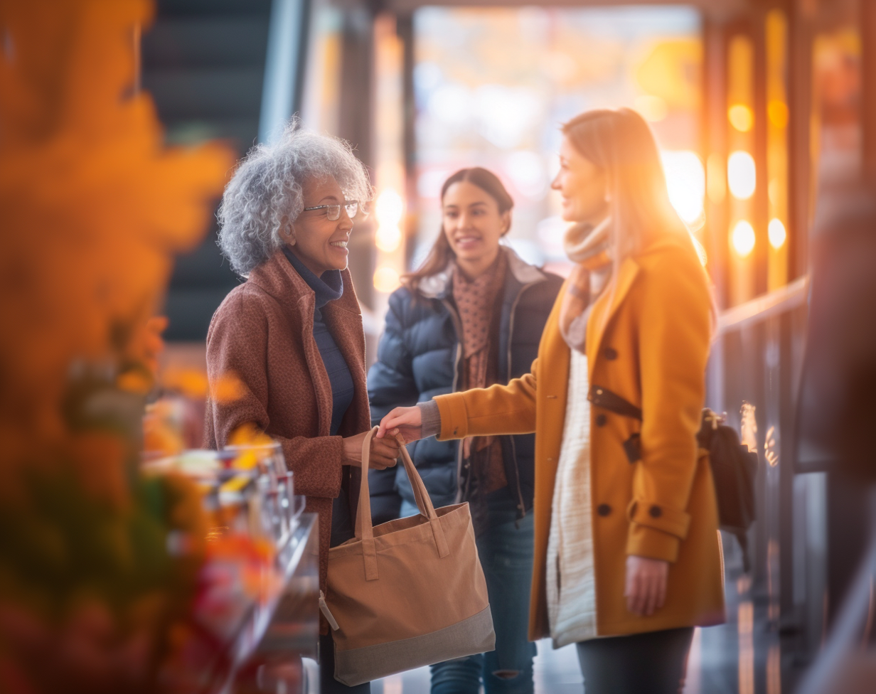 Three women greet each other warmly in a sunlit shop, symbolizing community support and the strength of asking for help in everyday life.