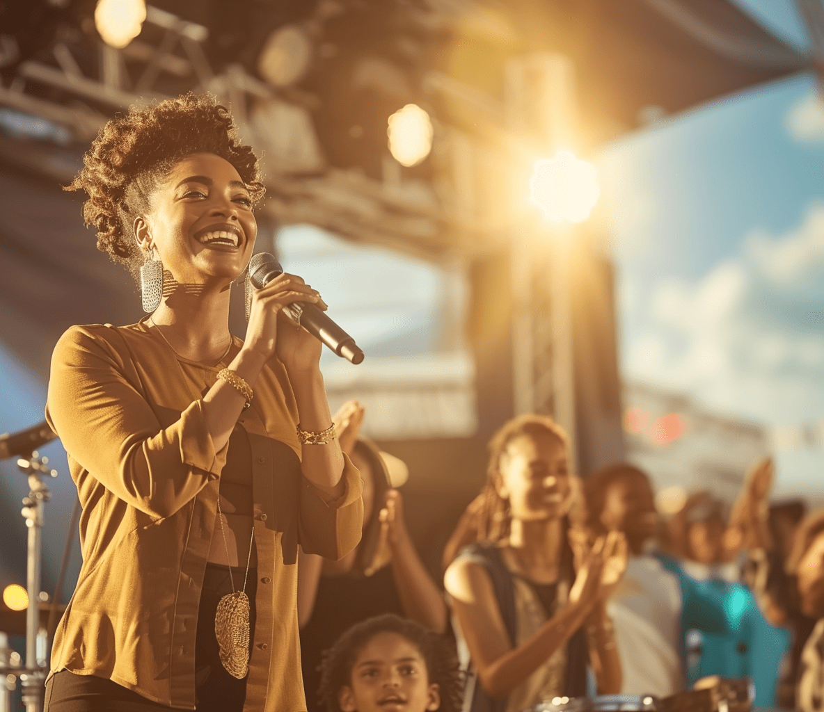 When God Is Your Business Partner_ Faith-First Leadership Moves-cv Faith-first leadership moment with a Black woman speaking confidently on stage, smiling as the audience applauds.