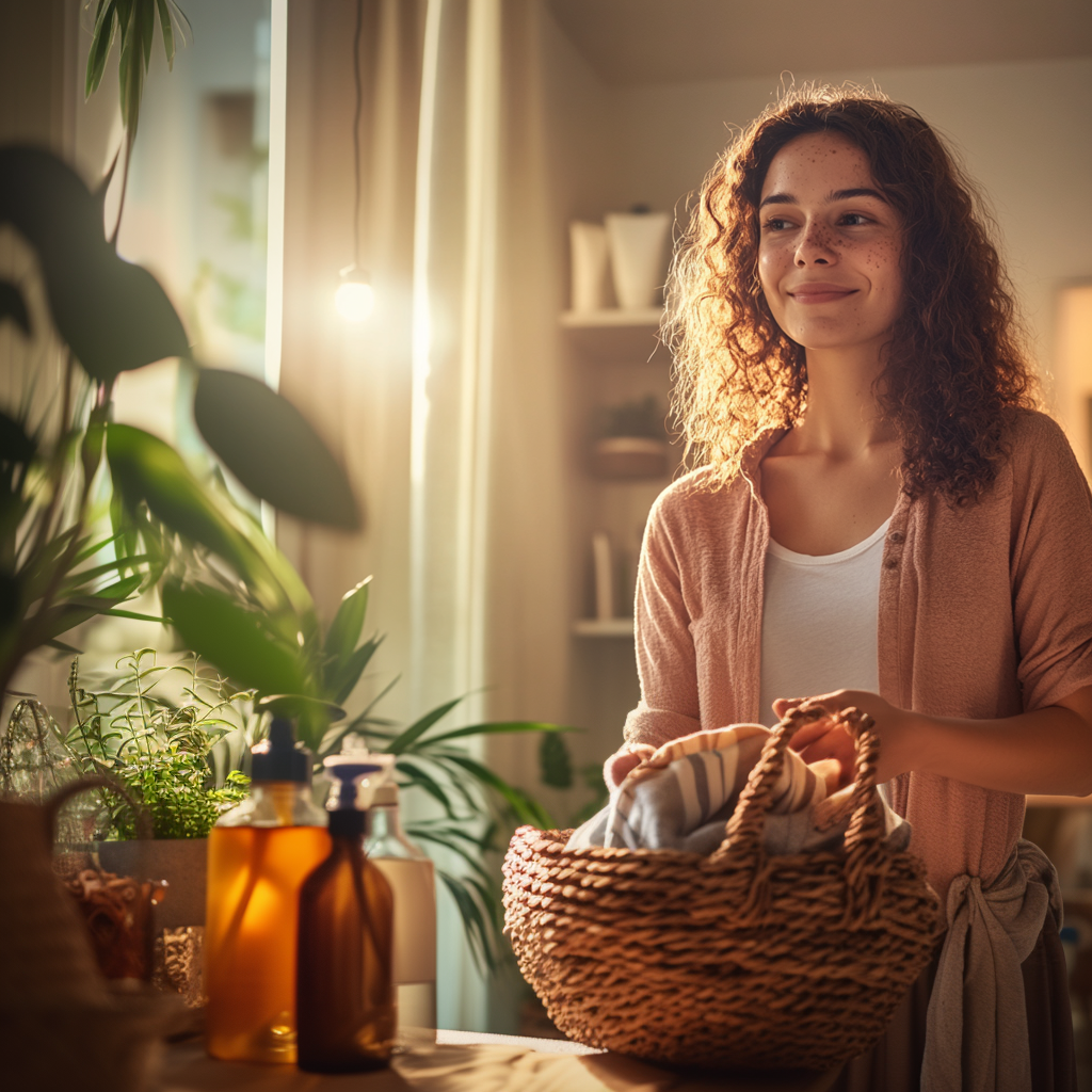 Sustainable-Cleaning-Products-cv Woman using sustainable home products in a warm, natural living space
