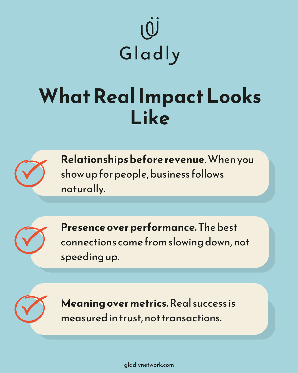 Infographic highlighting Gladly’s human-first business values: relationships before revenue, presence over performance, and meaning over metrics.