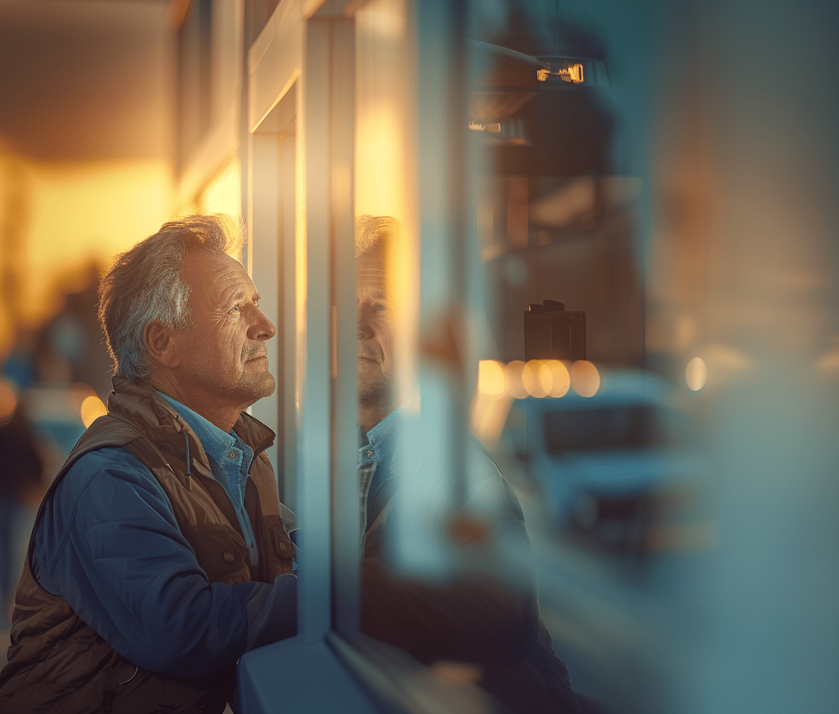 The Grumpy CEO Who Put Humanity Before Hustle-cv Man reflecting at sunset through a glass window, symbolizing The Grumpy CEO’s message of slowing down, rejecting hustle culture, and embracing mindful, human-first success.