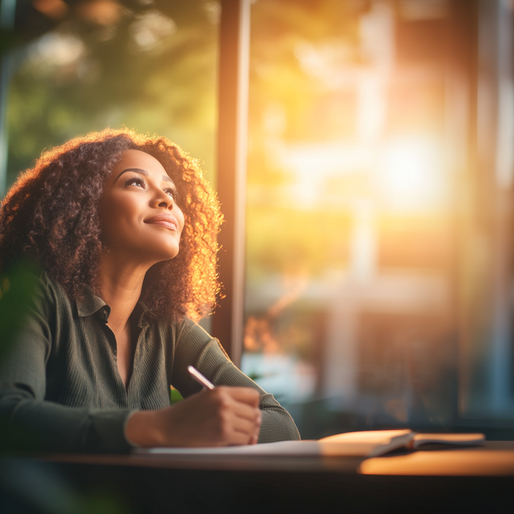 Woman journaling in warm sunlight, reflecting on creativity and mental wellness.