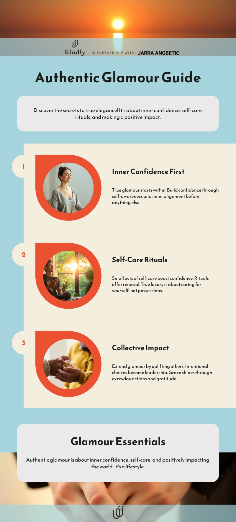 Authentic Glamour Guide infographic showing inner confidence, self-care rituals, and collective impact.