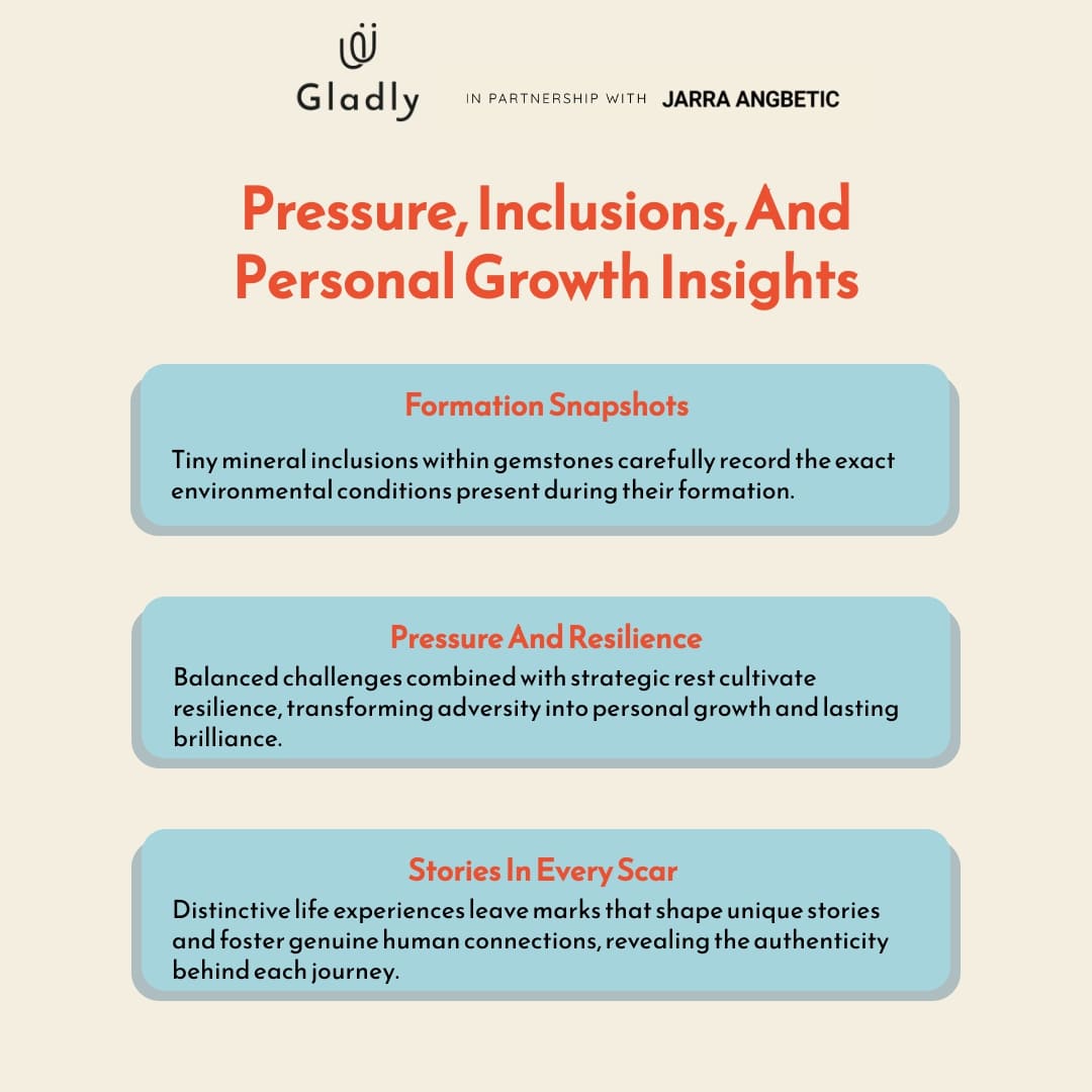 Infographic highlighting three key insights drawn from gemstone inclusions and personal growth: how microscopic mineral inclusions record formation environments, how balanced pressure and strategic rest build resilience, and how life’s distinctive experiences shape unique stories. Branded in pastel blue (#a5d4dd), neutral cream (#f4eee0), and vivid coral accent (#EB5030).