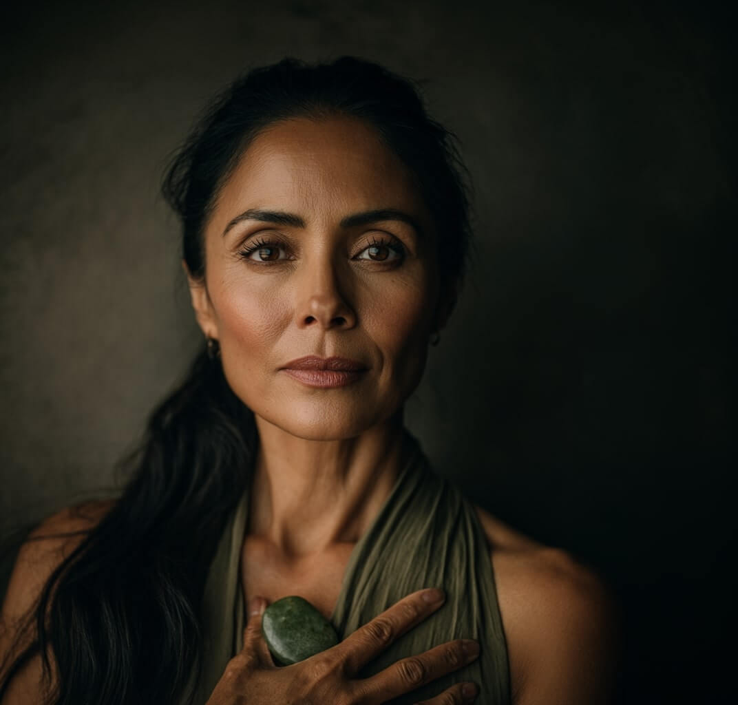Woman with a jade stone over her heart, symbolizing inclusions not flaws and inner resilience. Woman with a jade stone over her heart, symbolizing inclusions not flaws and inner resilience