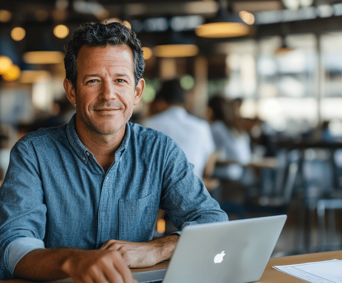 Workplace Mental Wellness1 Mental wellness at work: man pausing calmly at his laptop in a bright coworking space.