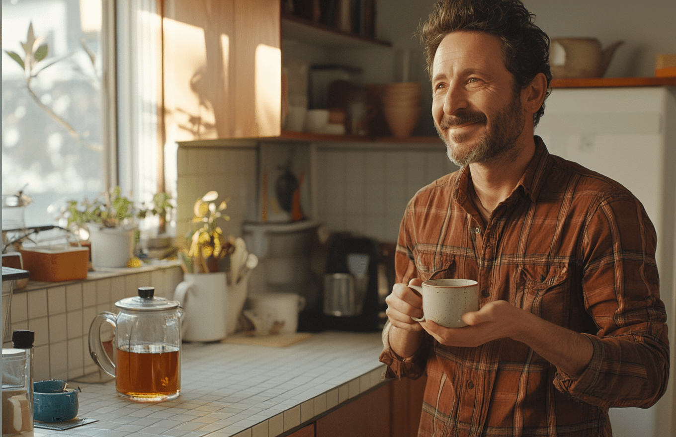 12 Self-Care Products That Actually Fit Into Your Busy Day cv Self-care for busy people: person enjoying a calm morning tea in a sunlit kitchen.