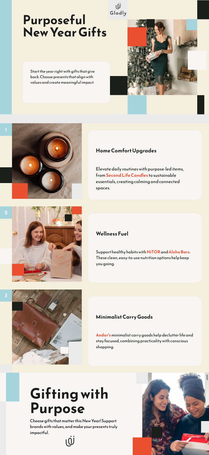 Infographic highlighting purpose-driven New Year gifts that give back.