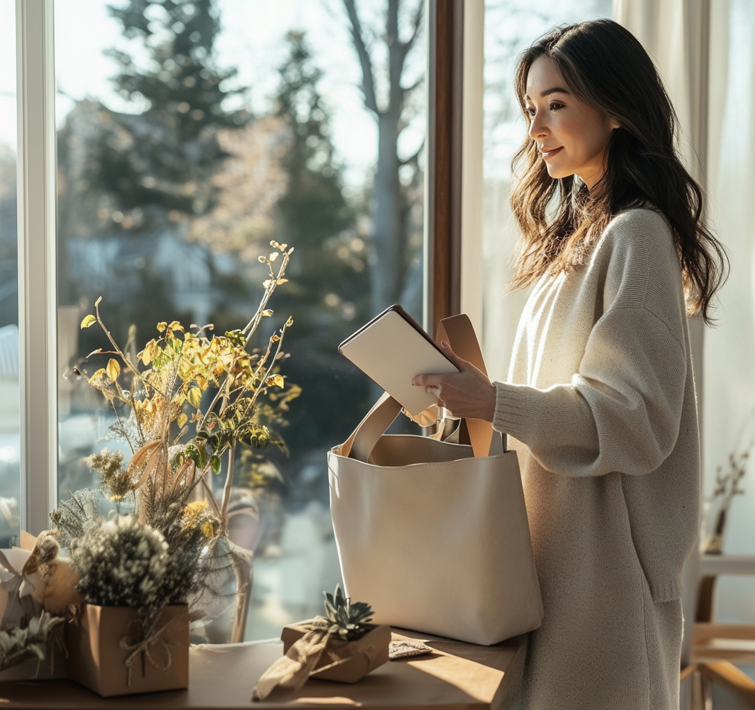25 Gifts That Give Back_ Meaningful Picks for New Beginnings-cv Woman in sunlit home office packing a tote with meaningful gifts that give back.