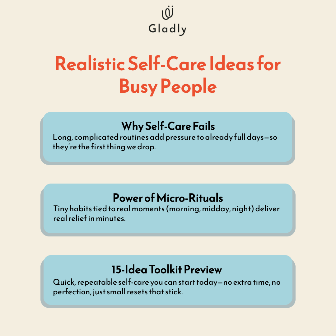 Three highlights infographic showcasing realistic New Year reset tips for busy women: why self-care fails, the power of micro-rituals, and a preview of a 15-idea micro-ritual toolkit
